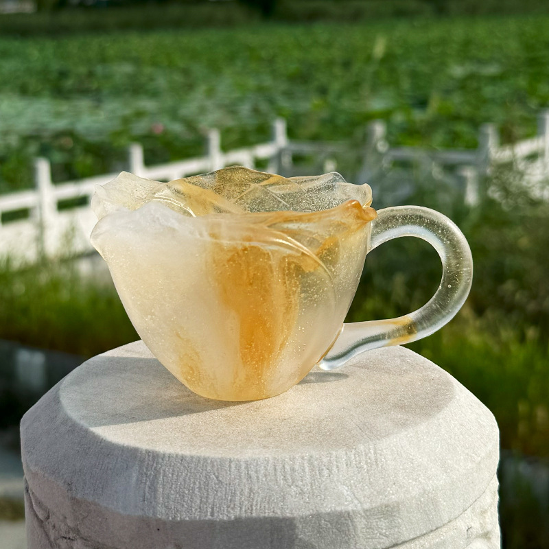 古法琉璃失蜡法琉璃杯盏玫瑰主人杯花瓣客杯花口花朵形杯不可开水|undefined