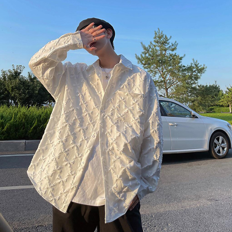 High-level embroidery design long-sleeved white shirt men's niche Hong Kong style fried street ins ruffian handsome Japanese hair stylist men's clothing