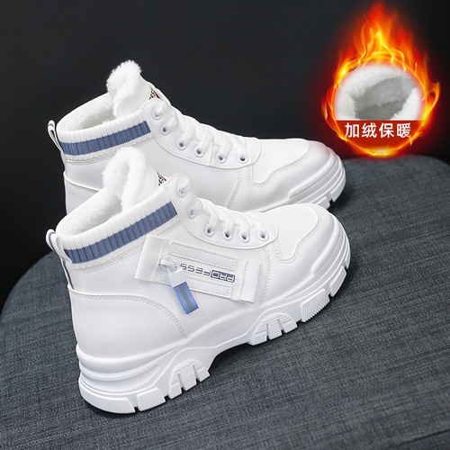 Women's Winter 2025 New Arrival Faux Fur Lined Cotton Boots with High Top, Size 35-43, Versatile and Warm, Suitable for Students, White Shoes Style 3521