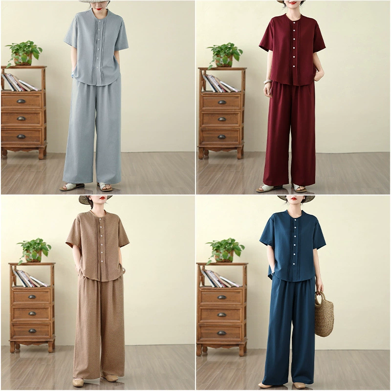 Solid organ, shirt with a round collar, trousers, set, elastic waist