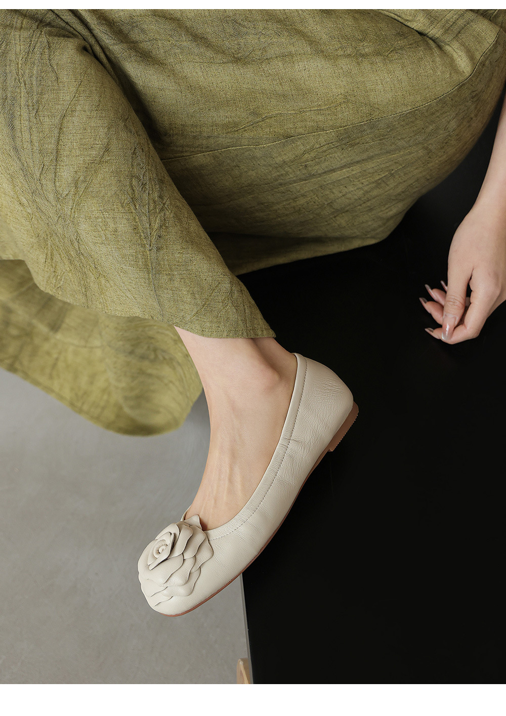 Giày ballet nữ mũi tròn phong cách Pháp da cừu đế bệt — màu trắng ngà chi tiết 27