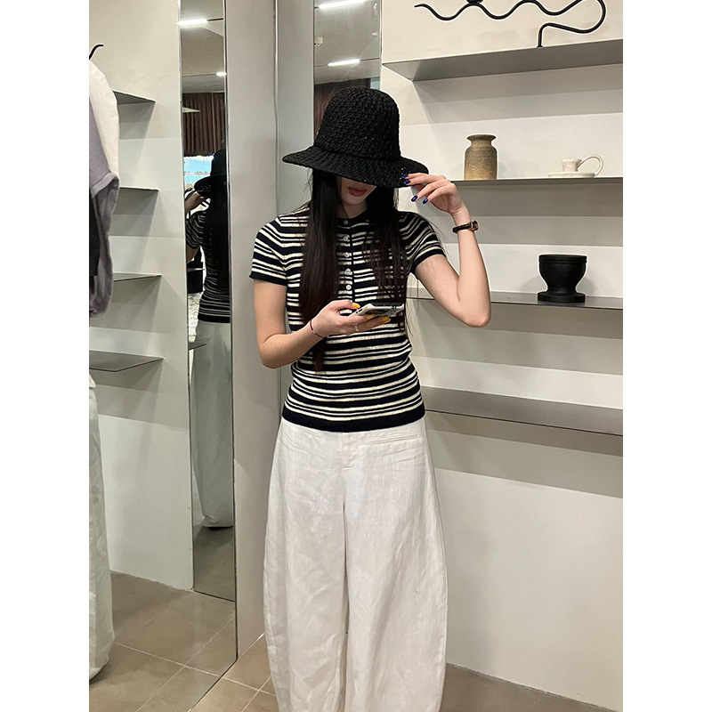 Fox Room Henry Collar Ramie Short-Sleeved Knitwear 2026 Summer New Slimming Look Stripesd Casual Top A6091