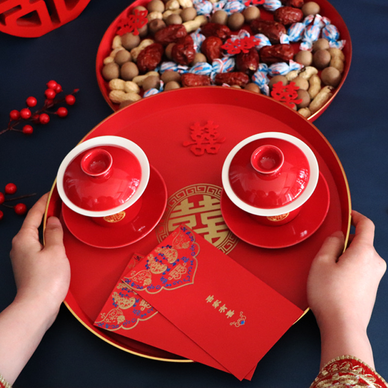 Wedding Fruit Basket Living Room Happy Plate Red Engagement Candy Tray Wedding Supplies All-in-One Bridal Toast Plate Arrangement