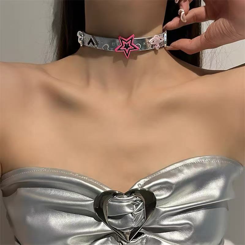 新款粉色五角星银色皮革项链项圈女甜酷个性颈带颈环choker颈链女|undefined