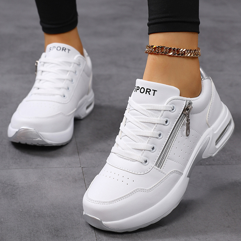 Cross-Border Wholesale Air-Cushioned Leather Casual Sports Shoes for Women with Side Zipper Decoration, White Sneakers, Lightweight Travel Shoes for Women