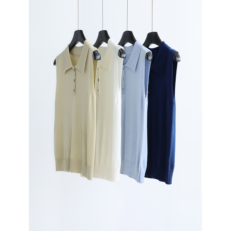 High-Quality Wool Blend Sleeveless Knit Sweater with a Turn-Down Collar for Early Autumn, Suitable for Commuting, with a Half Placket Design, Base Layer Top for Women