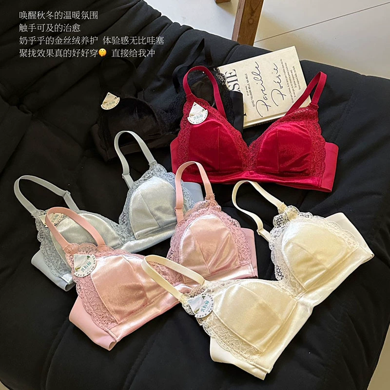 Демисезонное велюровое сексуальное бельё, бюстгальтер push-up, топ-бра, V-образный вырез, французский стиль