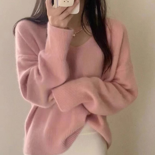 YUNSHU仿浣熊软糯V领针织衫内搭女秋冬宽松慵懒毛衣套头打底上衣