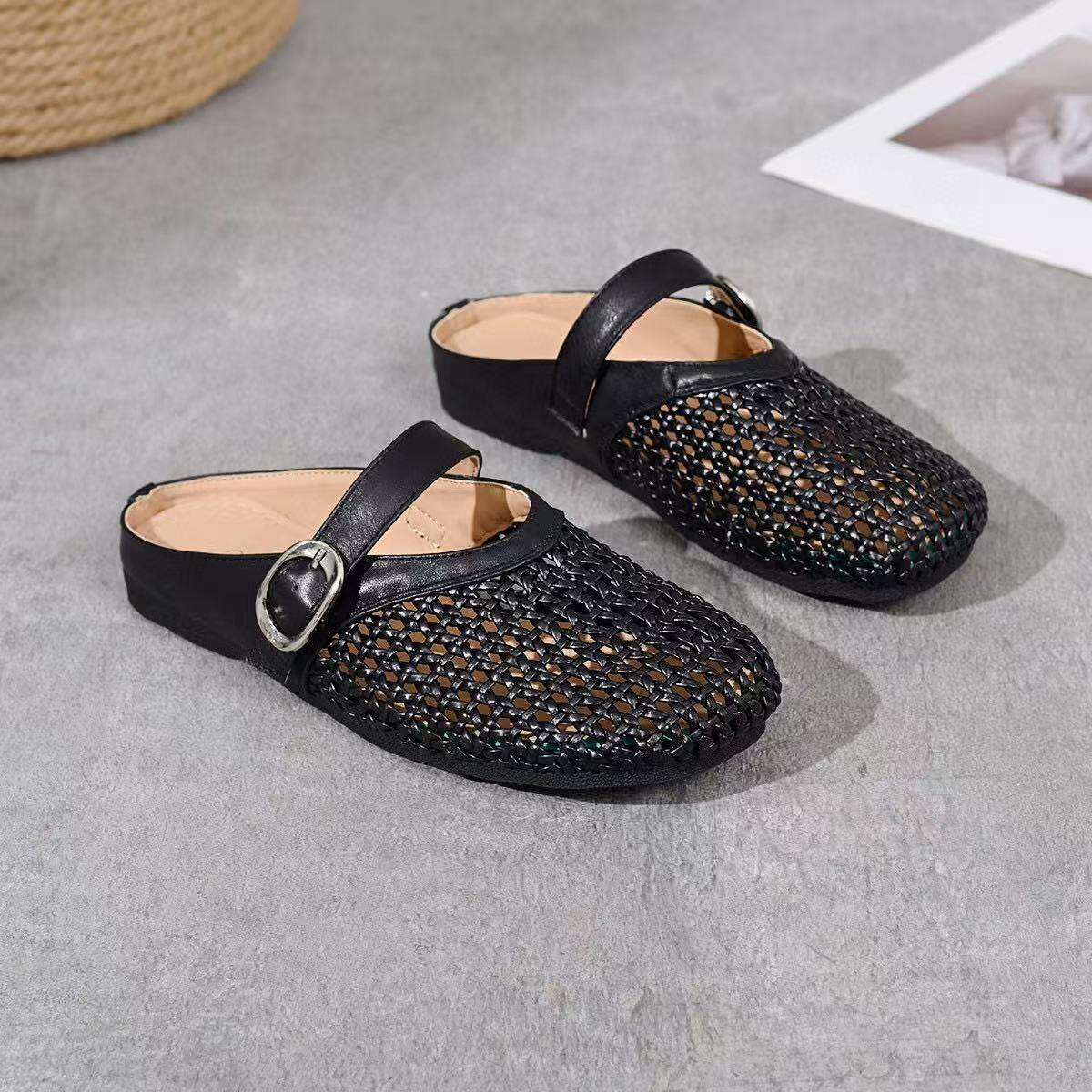 Dép sandal nữ da thật mũi tròn đan rỗng gót thấp chống trượt — màu be chi tiết 8