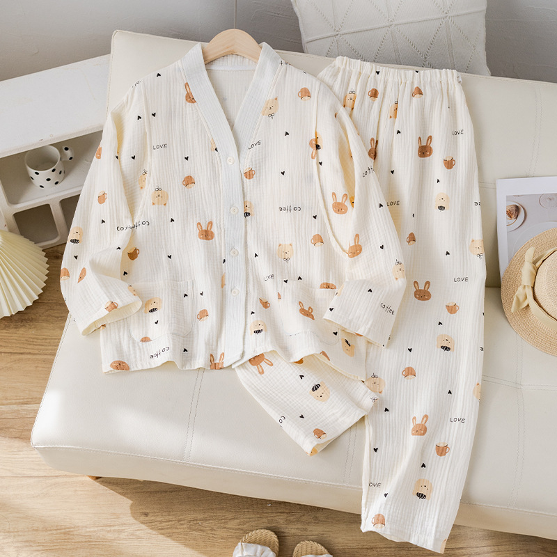 Class a Pure Cotton Gauze Confinement Clothing Summer Thin Cotton Sweat-Absorbent Maternity Pajamas That Do Not Tighten the Belly Summer Postpartum Breastfeeding