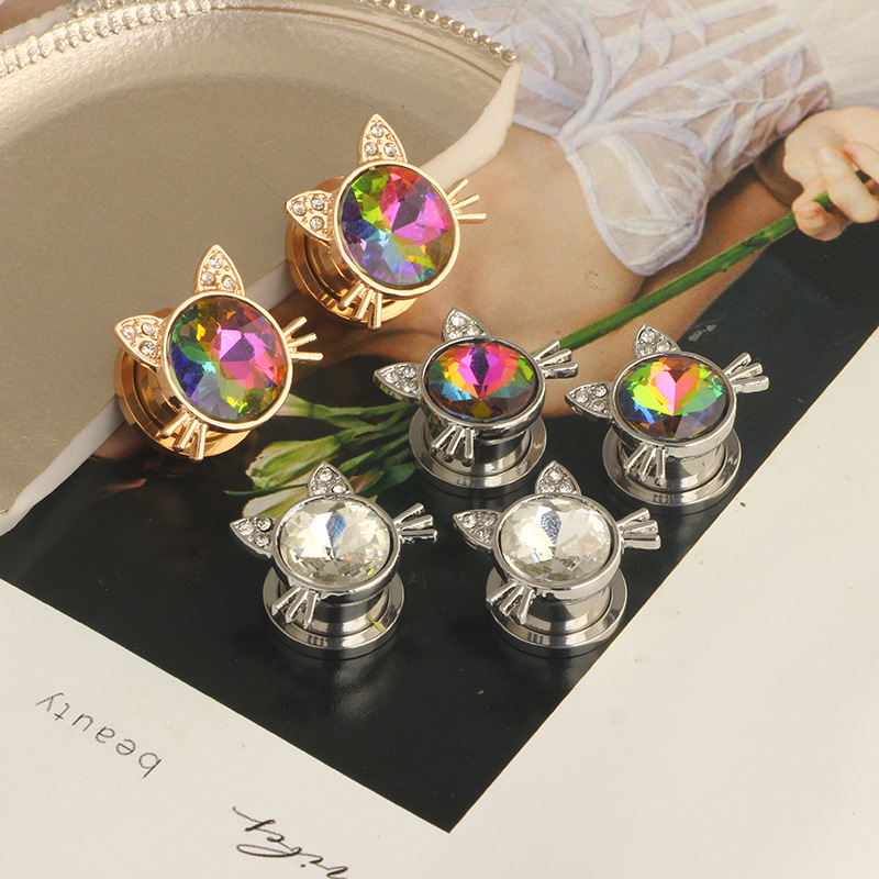 Cross-border Stainless Steel Cat Head Piercing Ear Hole Tool Punk Crystal Earrings detail image 16