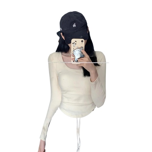 Women's Apricot Fleece Square Collar Long-Sleeve Top for Autumn/Winter Layering, Short-Sleeve Base Shirt, Slim Fit, Body-Concealing Short Top for Trendy Girls