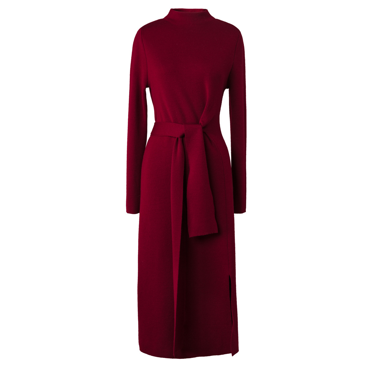 Robe en tricot à col montant pour femme en automne et en hiver, style mi-long avec bretelles, fermeture élégante à la taille,_voghion.com