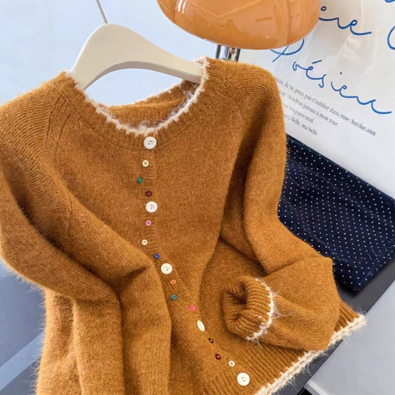 Orange Soft Waxy Knitwear Cardigan Women's Autumn and Winter New Button Knitwear Lazy High-End Short Jacket A8715