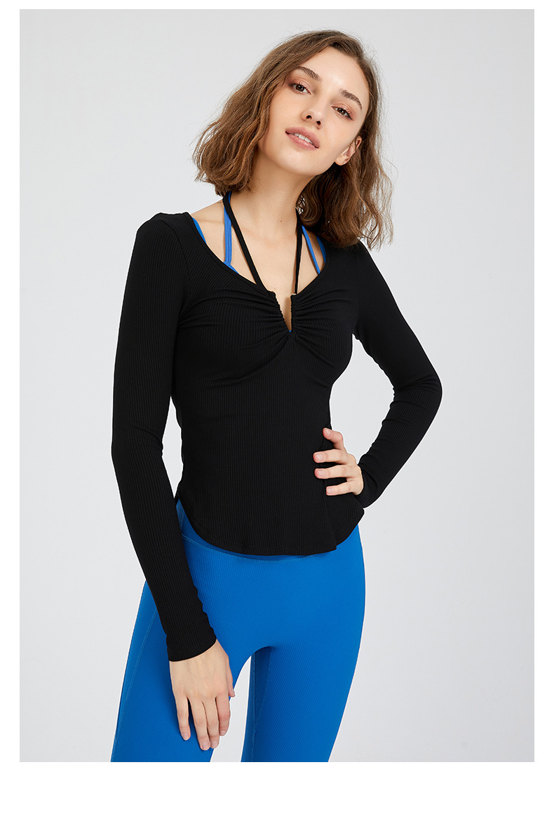 tight v-neck halterneck long-sleeved breathable fitness T-shirt nihaostyles wholesale clothing NSFAN85035