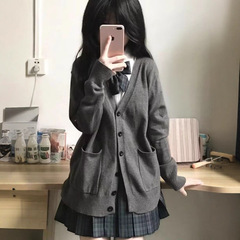 甜美学院风纯色毛衣女校供感宽松百搭纯色长袖领针织开衫套装