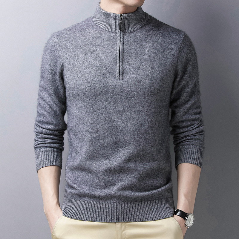 A wholesale autumn and winter men's wool sweater with middle-aged half high collar zipper men's sweater base shirt