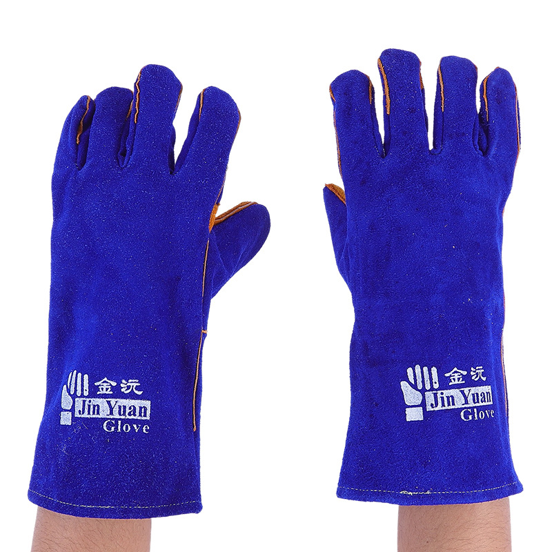 Guantes de soldadura azul rey de 14 pulgadas en stock, de doble capa de cuero vacuno, protección laboral, resistentes al desgaste, especializados para soldar.