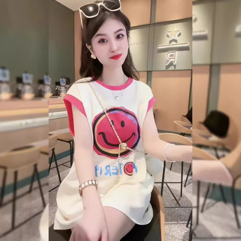 Summer New Smiley Print Sleeveless T-Shirt Women's 2024 Korean Style Loose Slimming All-match Midi All-match Top