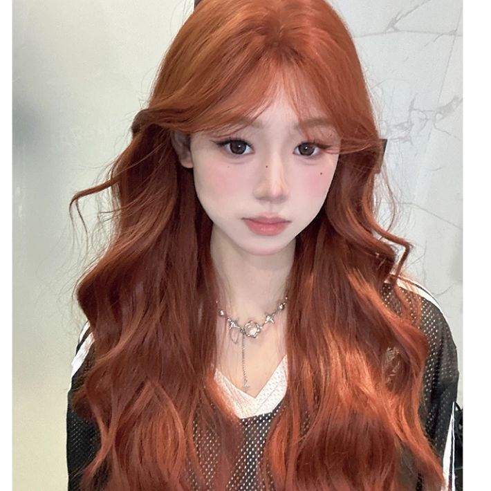 [American Big Orange] Dirty Orange Dopamine Wig Female Big Wave Long Curly Hair Simulated Human Hair Full Headgear