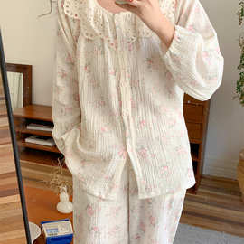 批发货源 早春新款睡衣女纯棉纱布镂空花边拼接长袖家居服套装
