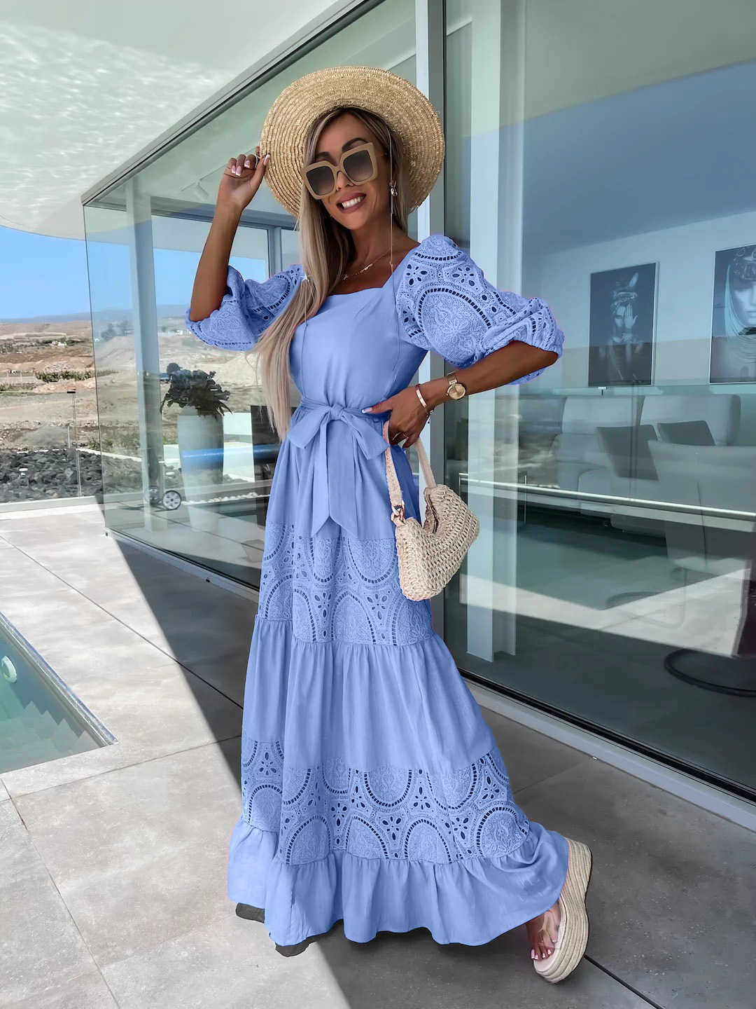 Women's Swing Dress Vacation Square Neck Hollow Out Half Sleeve Solid Color Maxi Long Dress Holiday display picture 3