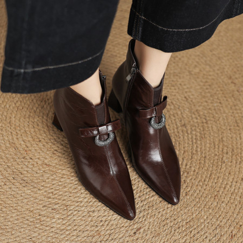 Vintage genuine leather slimming chunky heel ankle boots for women, new autumn and winter pointed toe high-heeled stylish fashion boots, versatile ankle boots Vintage genuine leather slimming chunky heel ankle boots for women, new autumn and winter pointed toe high-heeled stylish fashion boots, versatile ankle boots