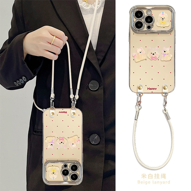 Suitable for iPhone 15 Pro Max, cute puppy doll, silicone case for iPhone 17, 16, 12, 13 with crossbody strap