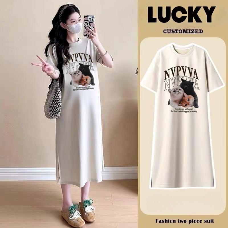 Maternity Summer Dress Plus Size Long Summer T-Shirt Skirt High-End Cute Cat Maternity Loose Dress