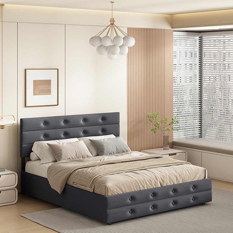 Linen Fabric Drawer Bed with Button Design, Large Soft-Packed Bed with Tufted Headboard and Drawer Storage