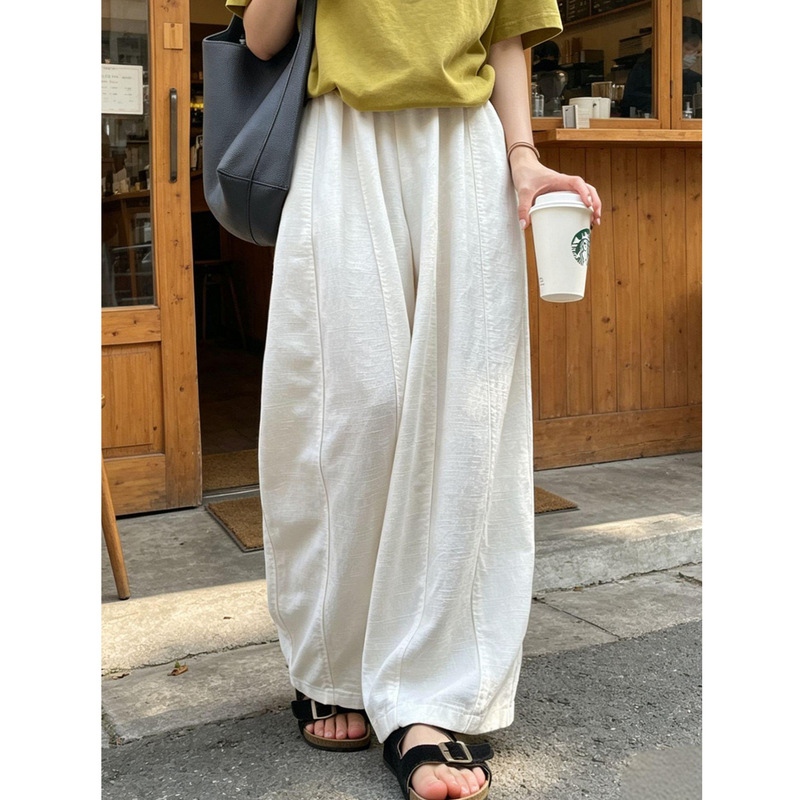 White Wide-Leg Pants for Women, Summer Thin Loose Casual Pants, High-Waisted Slimming Versatile Cotton-Linen Balloon Pants