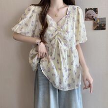 夏季独漂亮小衫碎花v领衬衫女微胖mm法式显瘦短袖上衣