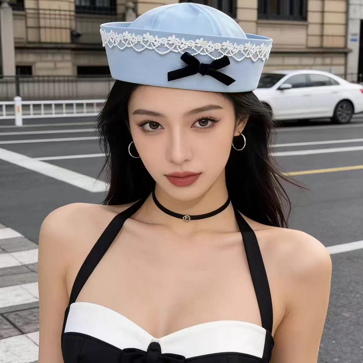 검정 리본 레이스 세일러 모자