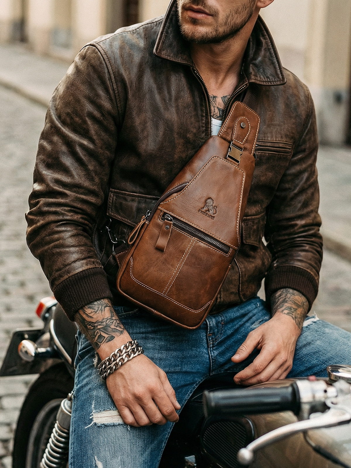 Bolso de pecho de cuero genuino para hombre, bolso de pecho de piel de vaca de primera capa, bolso de hombro de estilo informal retro, bolso de cuero de gran capacidad