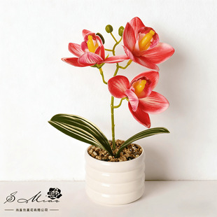 Three-Headed Small Cymbidium Bonsai Potted Artificial Flower and Green Plant Ornaments Home Indoor Living Room Flower Decoration Artificial Flower Art