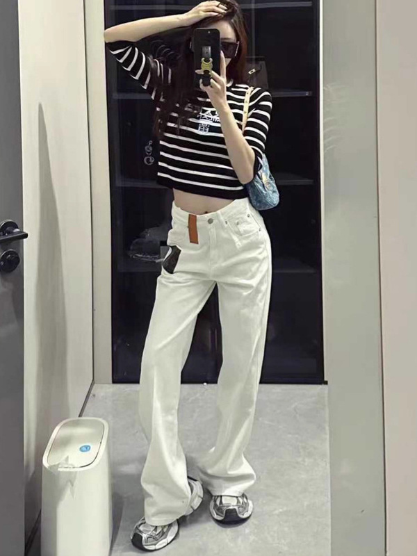 高端马户家皮标老花阔腿白色牛仔裤女春秋新款高腰裤欧阳娜娜同款|undefined