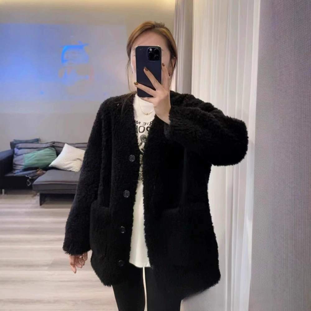 Демисезонное oversize Teddy-шерсть пальто, корейский стиль, V-образный вырез, высококачественный плюш, черный/серый/слоновая кость