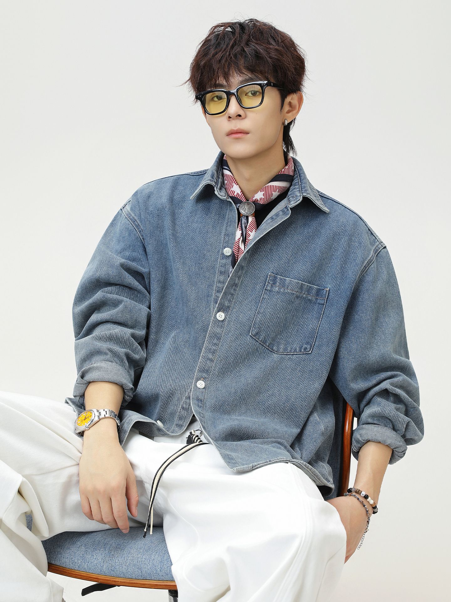 レトロオリジナル牛長袖シャツメンズ25秋新作和風ルーズトレンドブランドカジュアルウォッシュデニムシャツジャケット