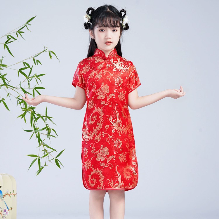 Винтажное платье Cheongsam в китайском стиле для девочек из парчи с воротником-стойкой и пряжкой, летнее платье для девочек, сценический костюм