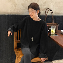 黎诺秋新款韩系大版坑条翻边长袖t恤女2025时尚洋气打底绒衫上衣