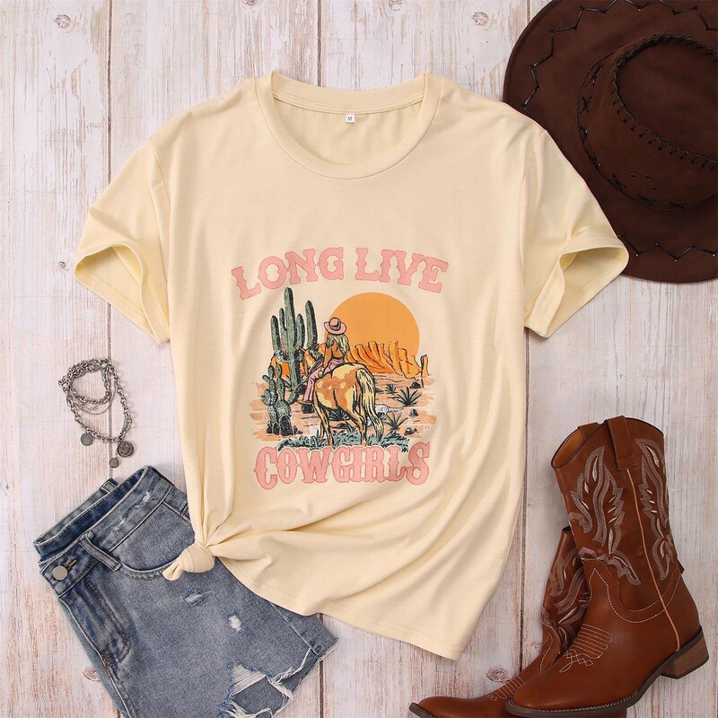 Independence Aliexpress In-Stock Western Cowgirl T-Shirt Short Sleeve Vintage Desert Cactus Pattern T-Shirt for Women