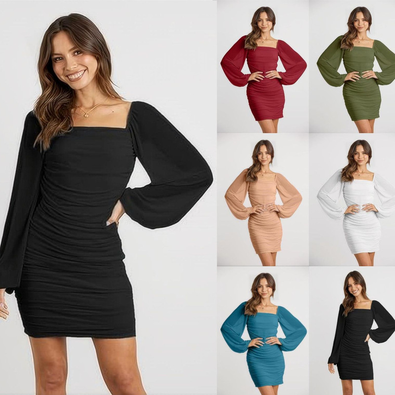 2024 Spring and Autumn Square Neck Lantern Long Sleeve Ruched Bodycon Dress Stretch Slim Fit Party Cocktail Dress Backless