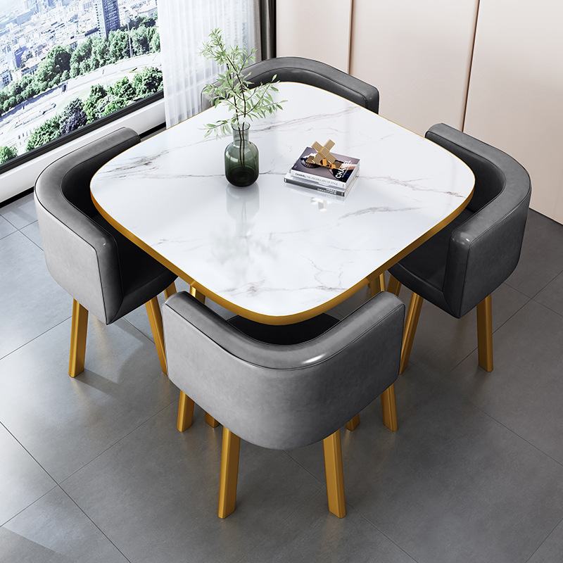 Dark gray 80cm square table+4 leather chair