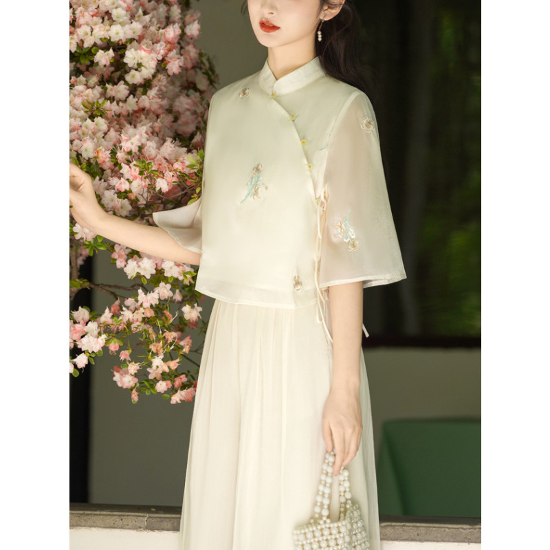 Real Shot of New Chinese-Style Modernized Embroidered Half-Sleeve Artistic Top with Chiffon Pants Workwear Set