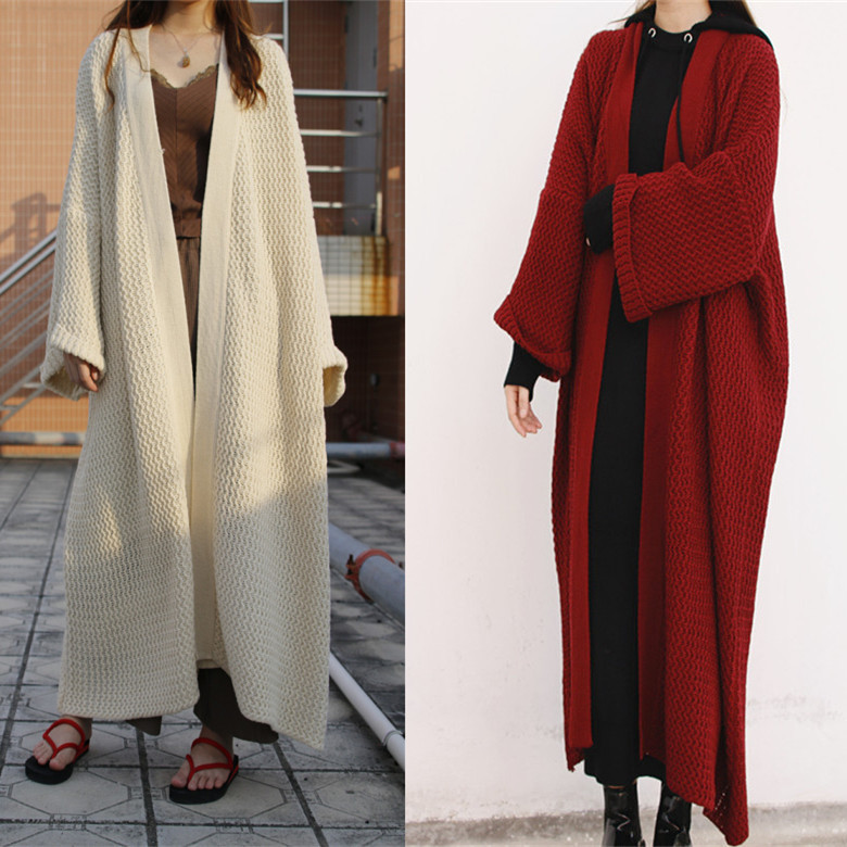 Otoño e Invierno nueva suelta larga Chaqueta de punto europeo y americano perezoso estilo grueso aguja línea elegante suéter del todo-fósforo para las mujeres image 1