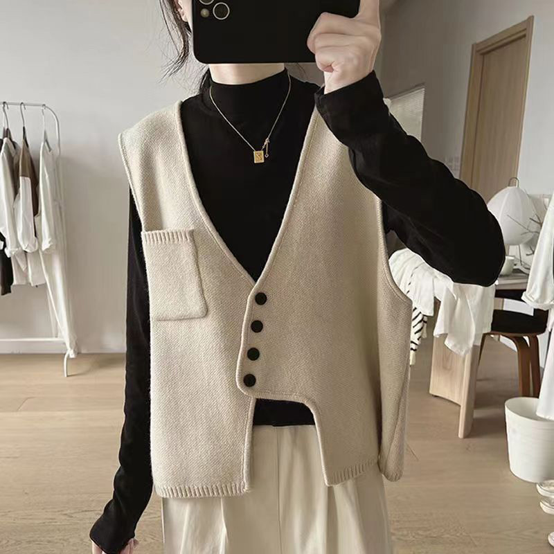 Chaleco irregular diseño con cuello en V chaleco abrigo mujer Dongdaemun corto de moda sin mangas Chaleco de punto chaleco image 4
