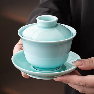 陶瓷青瓷色釉三才盖碗防烫家用功夫茶具单个茶碗泡茶器婚庆敬茶碗