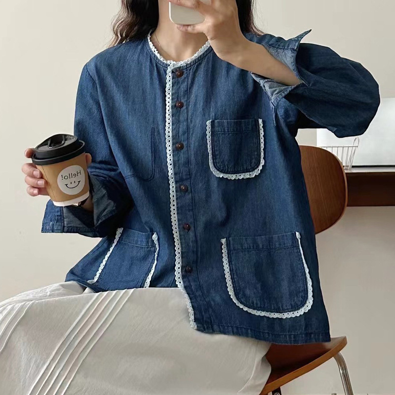 日韩蕾丝花边新款休闲宽松牛仔衬衫女设计感撞色花边牛仔|undefined