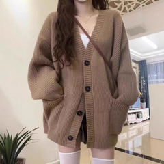 新款秋冬慵懒风V领单排扣羊毛开衫女外套韩版宽松中长款百搭上衣