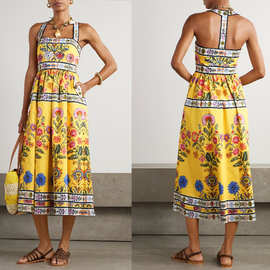 跨境外贸独立站2025新款欧美夏季性感吊带口袋定位印花连衣裙女